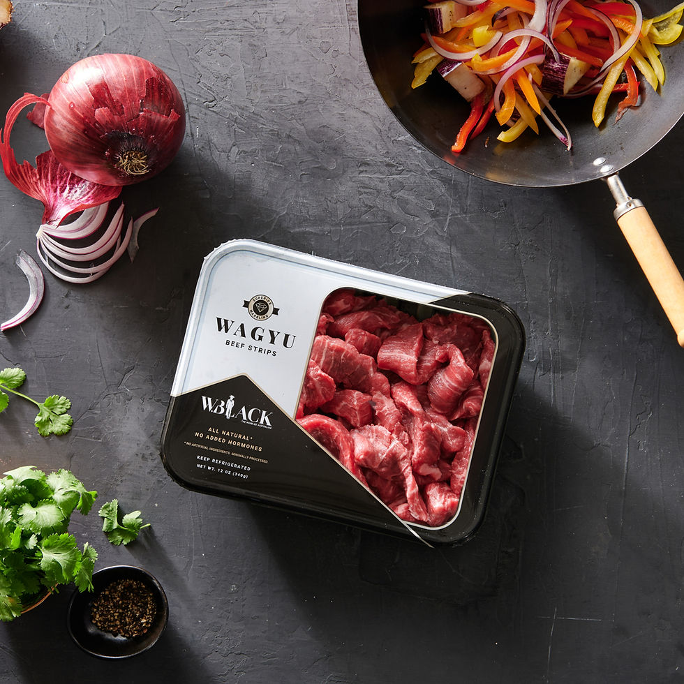 W. Black Fajita Strips Retail Ready on a countertop ready for cooking
